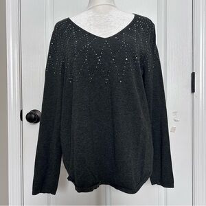 Chico’s Charcoal Gray Rhinestone Sparkle V-Neck Long Sleeve Knit Top Size Large